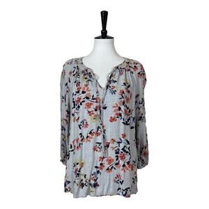 Como Vintage Top Tie Neck 3/4 Sleeves Relaxed Fit Gray Floral Women’s Size Large
